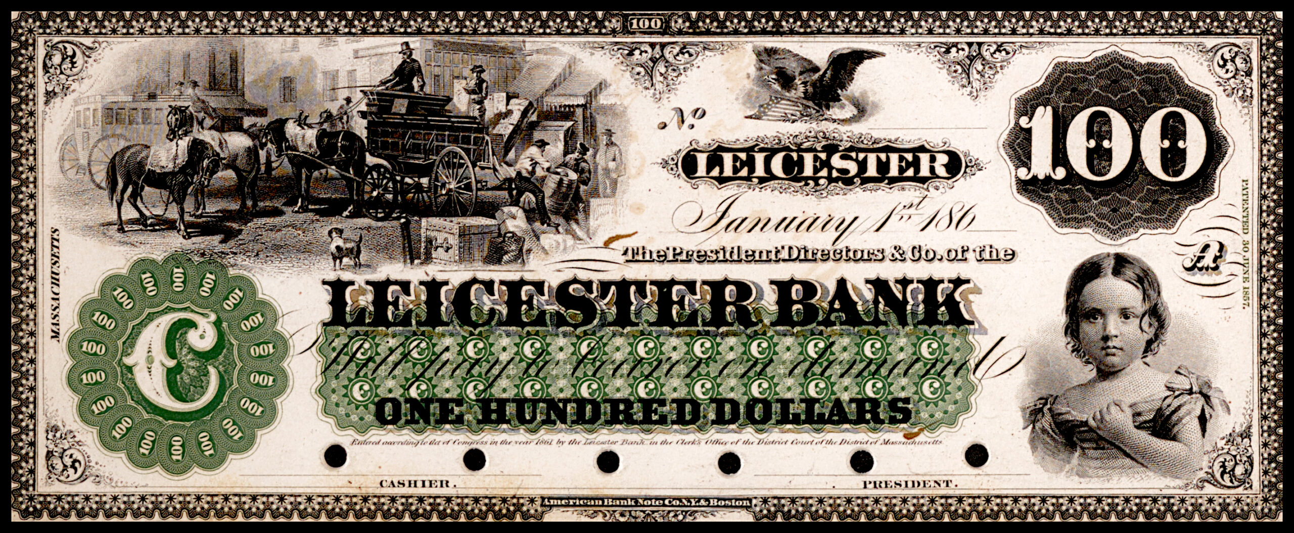 Leicester Bank $100 Note w/Sample