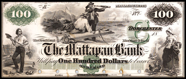 Mattapan Bank 100 Dollars Boston Check 1800's w/Sample