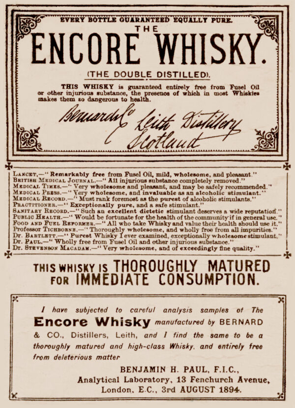 Bernard Co Double Distilled Thoroughly Matured Free from Fusel Oil Encore Whisky Scotland Label