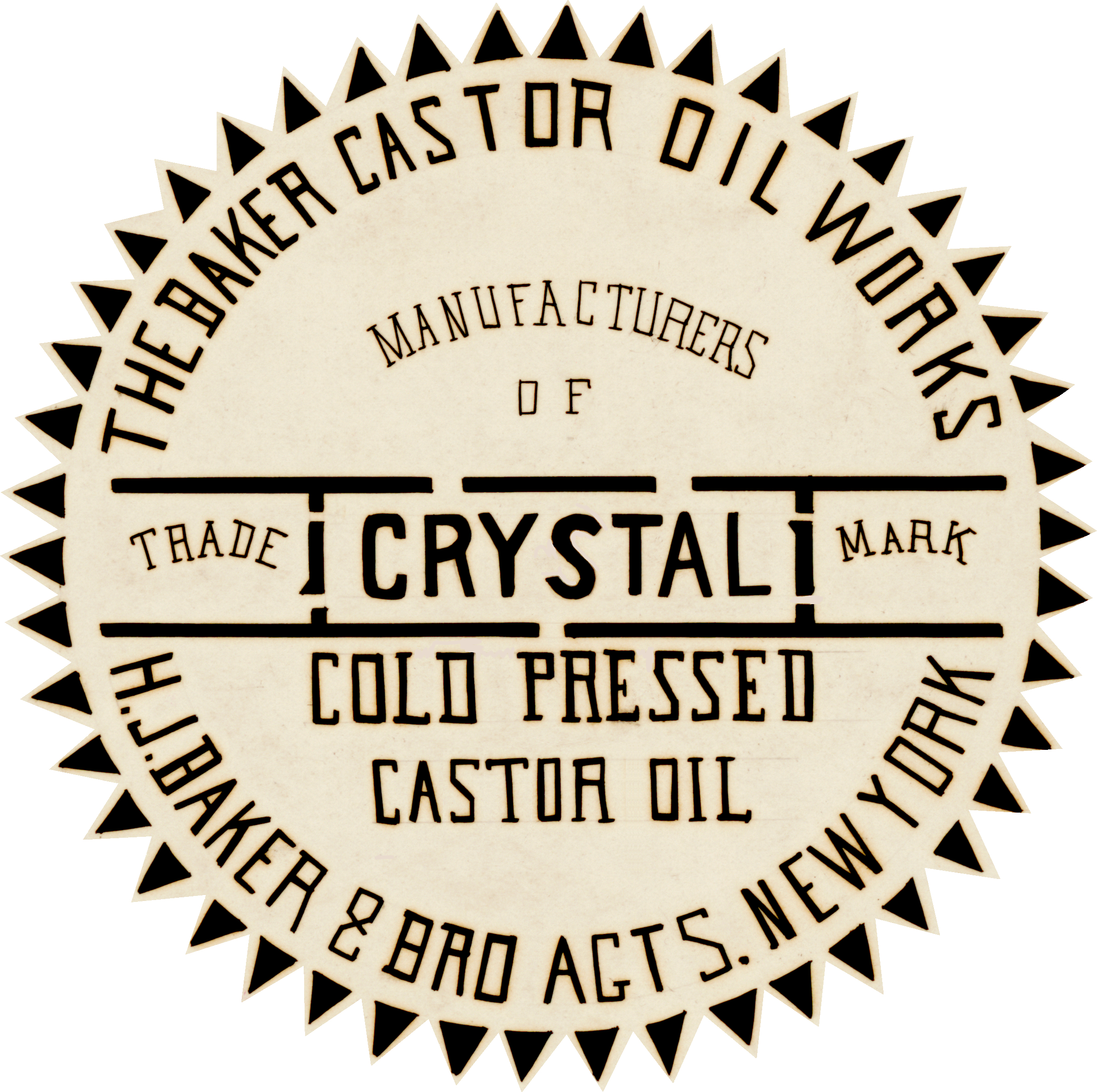 HJ Baker Castor Oil Works Crystal Cold Pressed New York Label