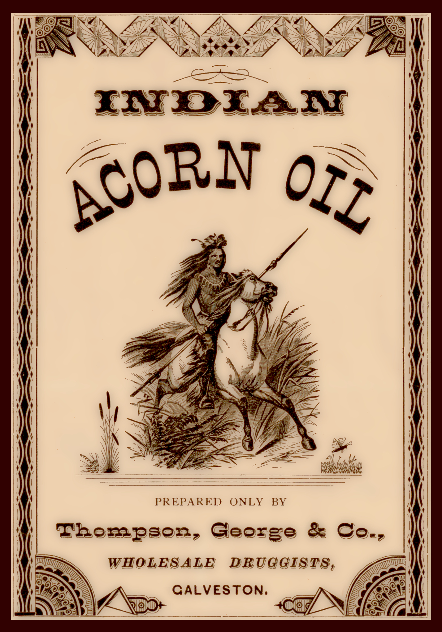 Thompson George and Co Indian Acorn Oil Wholesale Druggists Galveston Texas Label