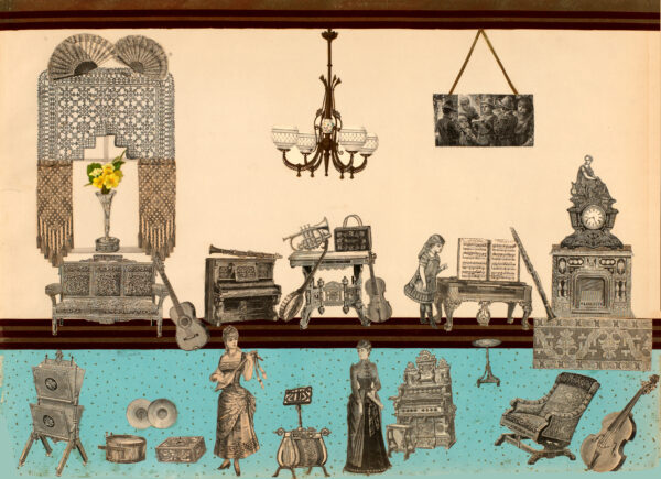 Victorian Collage Card Blue Parlor with Rug Scene with Cut-outs