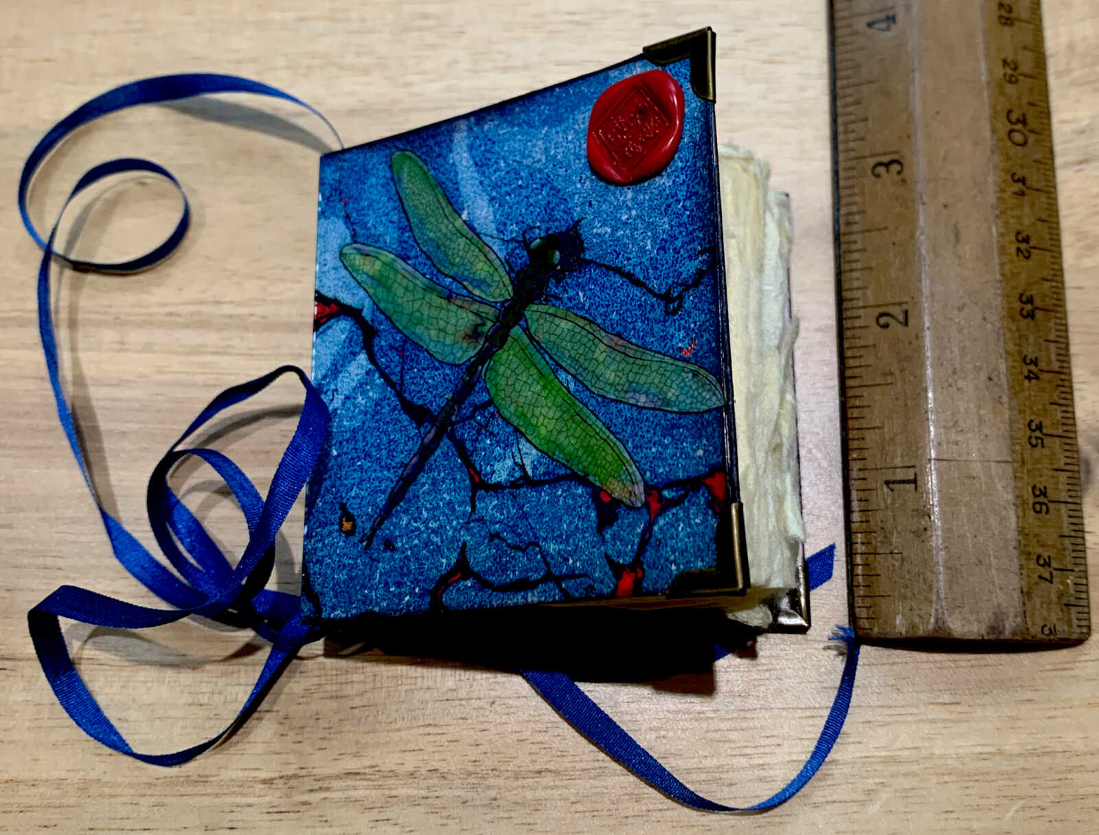 Case Bound 186 Page Handmade Dragonfly Soft Cover Tiny Junk Journal with Handtorn Paper and Brass Edges