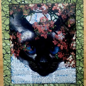 Blue Eyed White Cat with Pink Flowers on an Antique Afrikaans Encyclopedia Page 8 x 10" Folkart #SS312