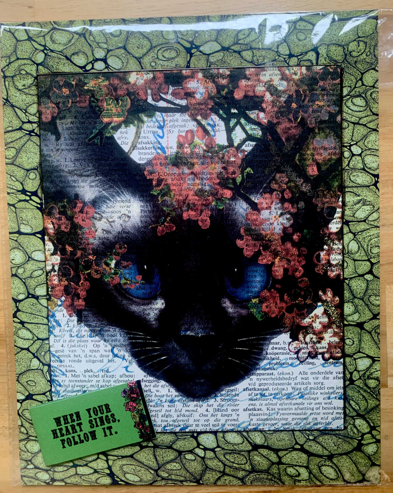 Blue Eyed White Cat with Pink Flowers on an Antique Afrikaans Encyclopedia Page 8 x 10" Folkart #SS312 - Image 9