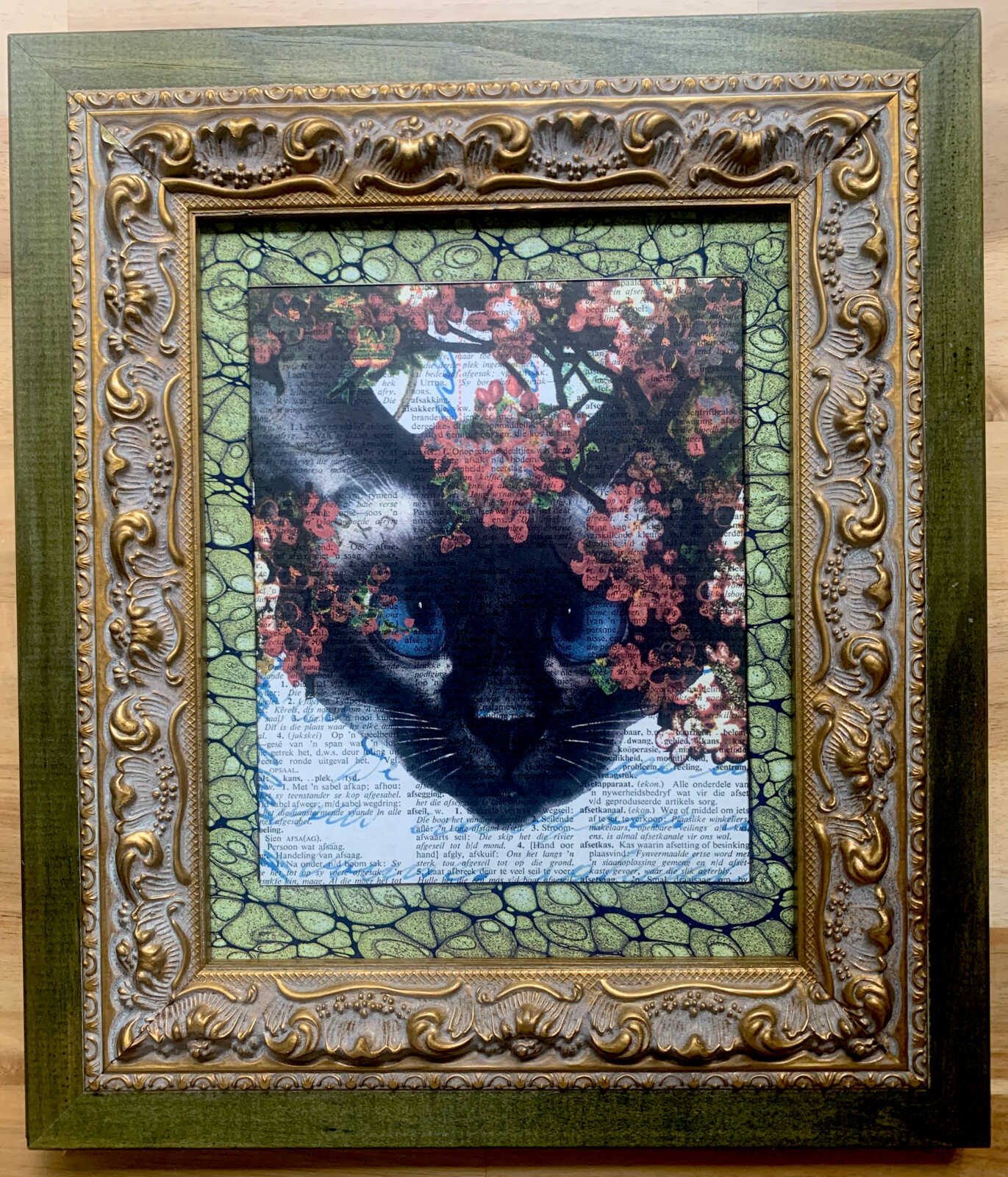 Blue Eyed White Cat with Pink Flowers on an Antique Afrikaans Encyclopedia Page 8 x 10" Folkart #SS312 - Image 3