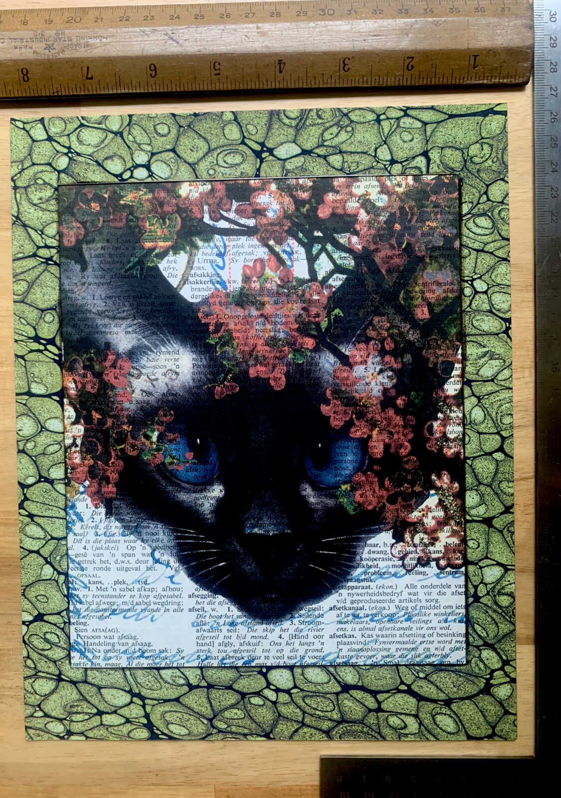 Blue Eyed White Cat with Pink Flowers on an Antique Afrikaans Encyclopedia Page 8 x 10" Folkart #SS312 - Image 4