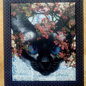 Blue Eyed White Cat with Pink Flowers on an Antique Afrikaans Encyclopedia Page 8 x 10" Folkart #SS311