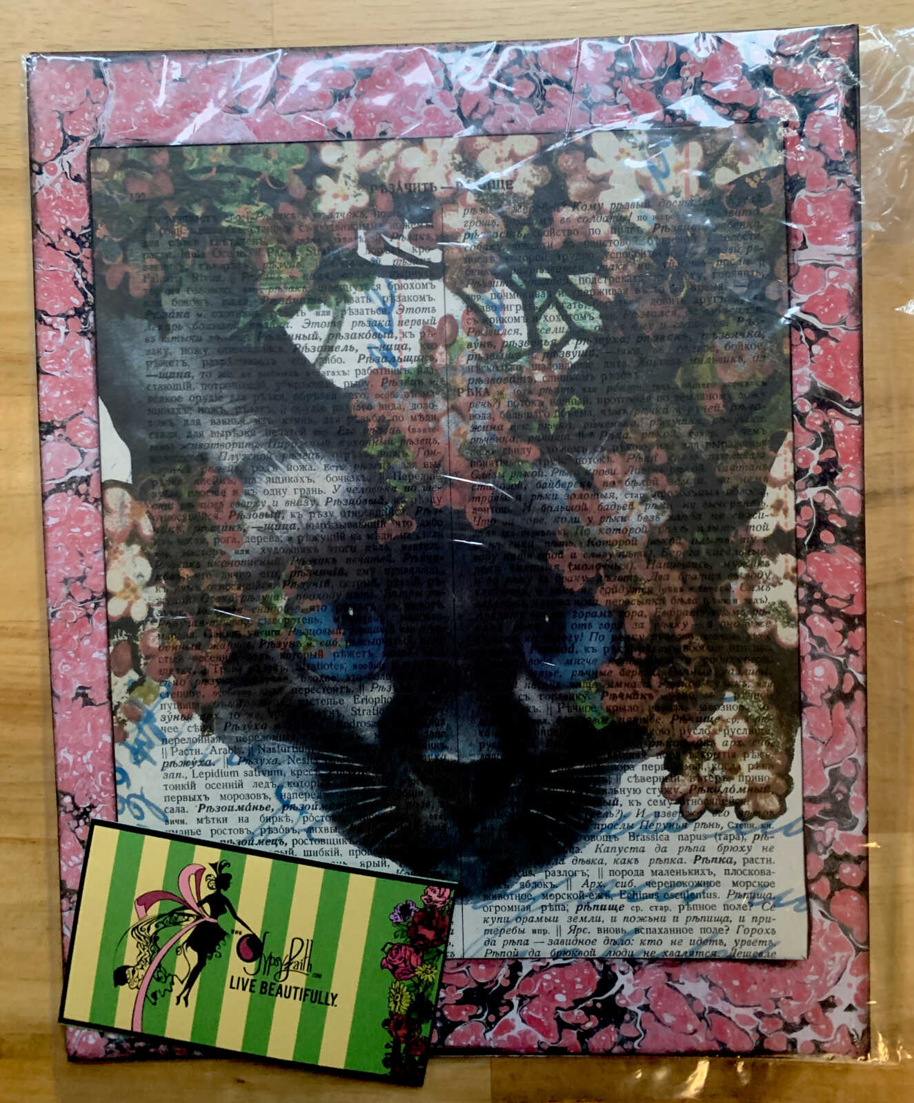 Blue Eyed White Cat with Pink Flowers on an Antique Cyrillic Dictionary Page 8 x 10" Folkart #SS327 - Image 6