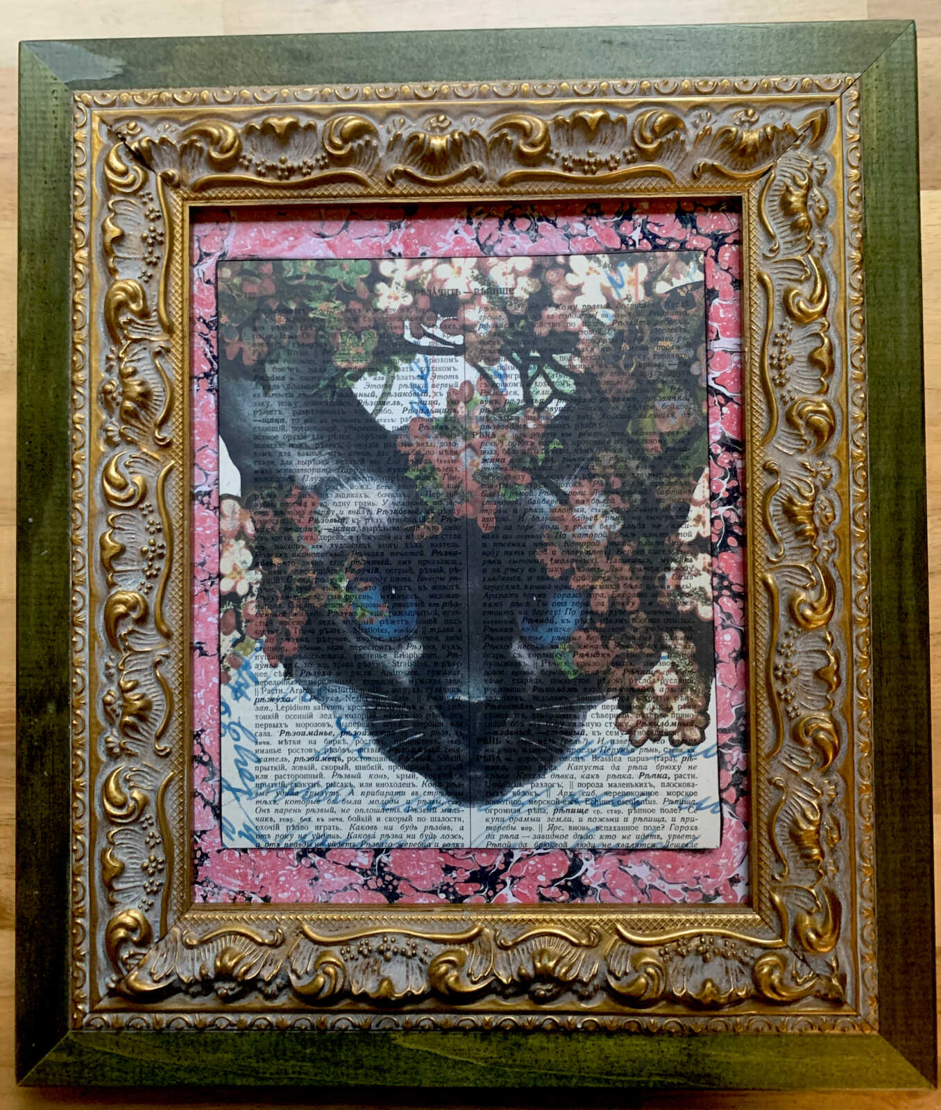Blue Eyed White Cat with Pink Flowers on an Antique Cyrillic Dictionary Page 8 x 10" Folkart #SS327 - Image 5