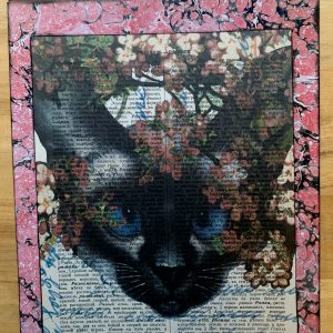 Blue Eyed White Cat with Pink Flowers on an Antique Cyrillic Dictionary Page 8 x 10" Folkart #SS327