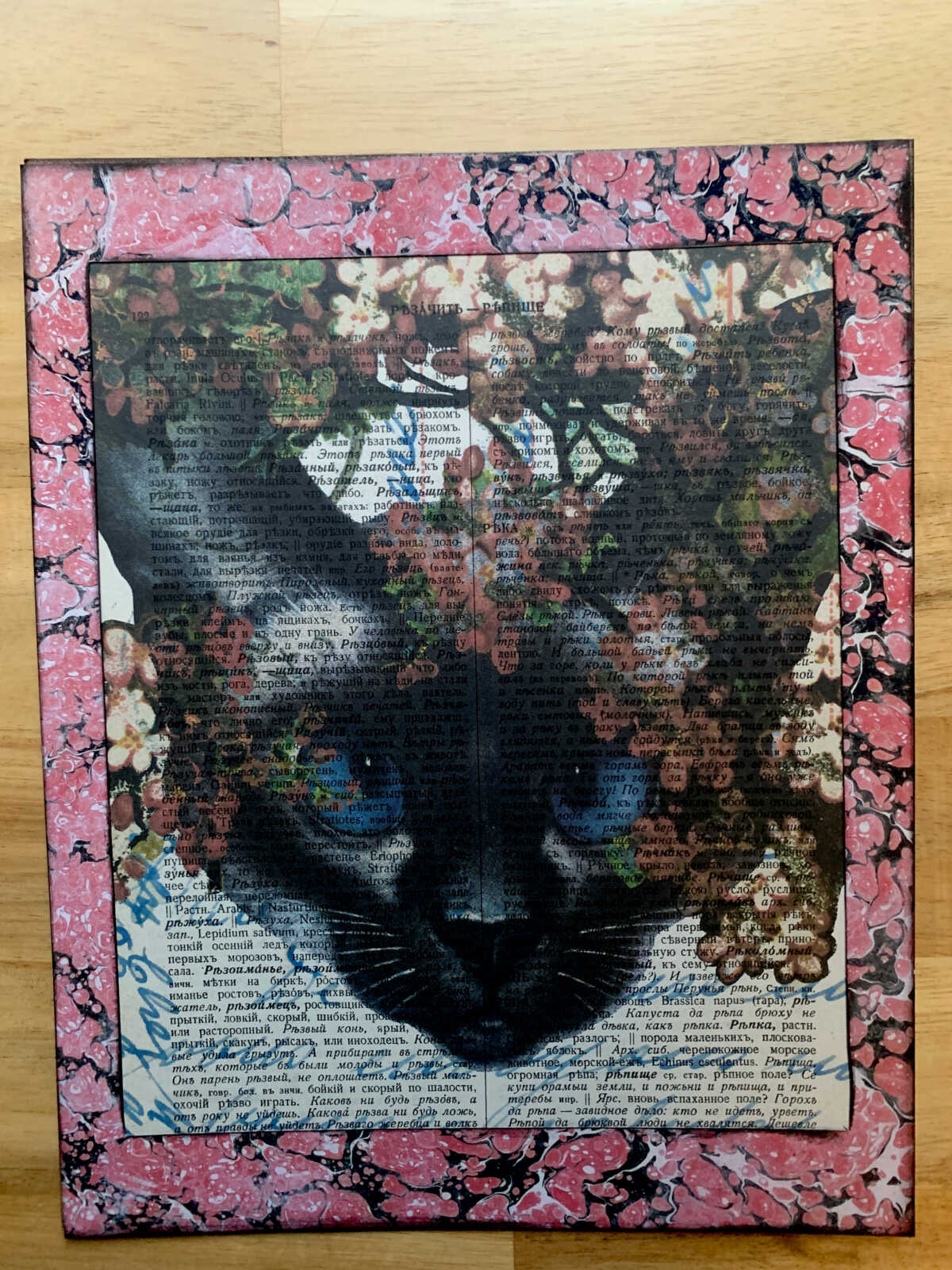 Blue Eyed White Cat with Pink Flowers on an Antique Cyrillic Dictionary Page 8 x 10" Folkart #SS327