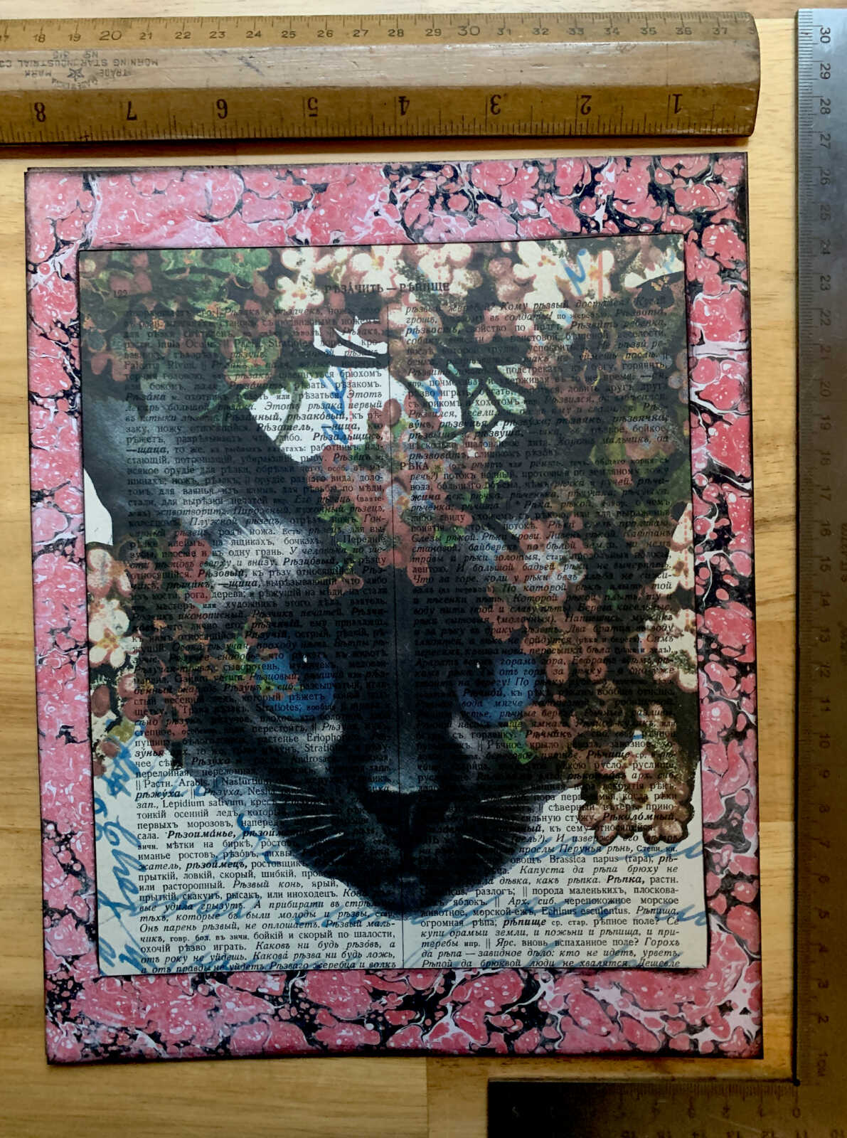 Blue Eyed White Cat with Pink Flowers on an Antique Cyrillic Dictionary Page 8 x 10" Folkart #SS327 - Image 4