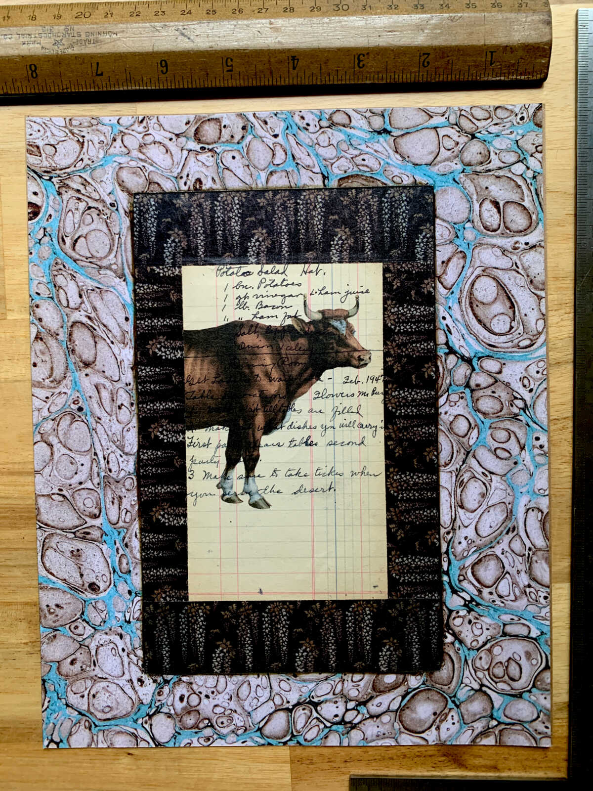 Prize Cow Walking Along on an Antique Handwritten Recipe Page 8 x 10" Folkart #SS325 - Image 3
