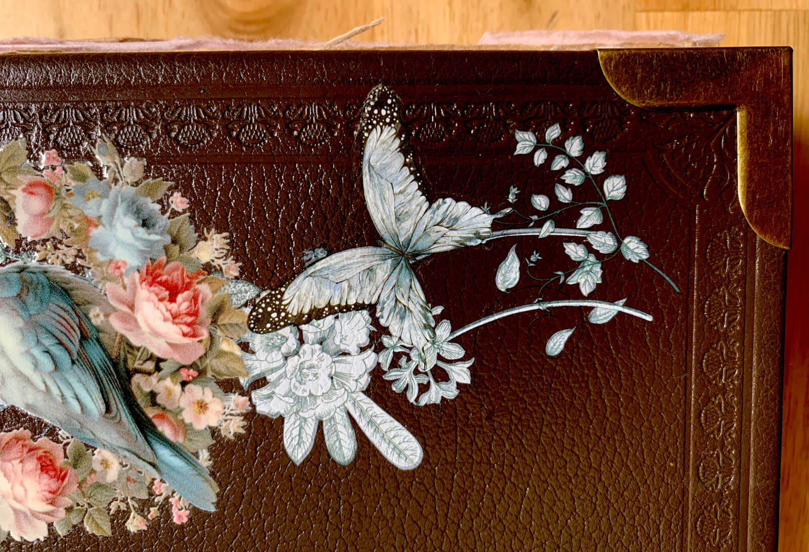 Coptic Bound 258 Page Handmade Blue Bird Valentine Junk Journal with Handtorn Paper in Antique Leather Book Cover with Brass Edges - Image 11