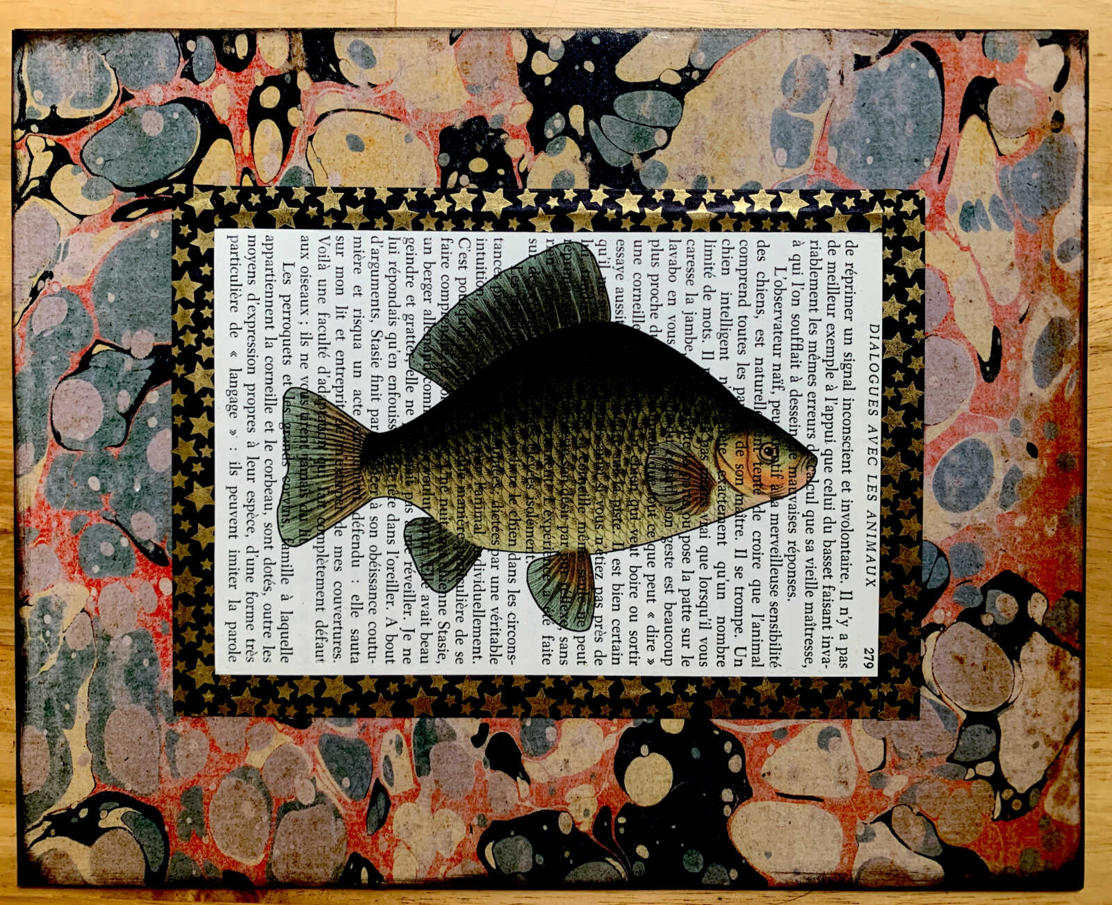 Fat Embarrassed Fish Lithograph on an Antique Dialogues Avec les Animaux French Book Page 8 x 10" Folkart #SS326