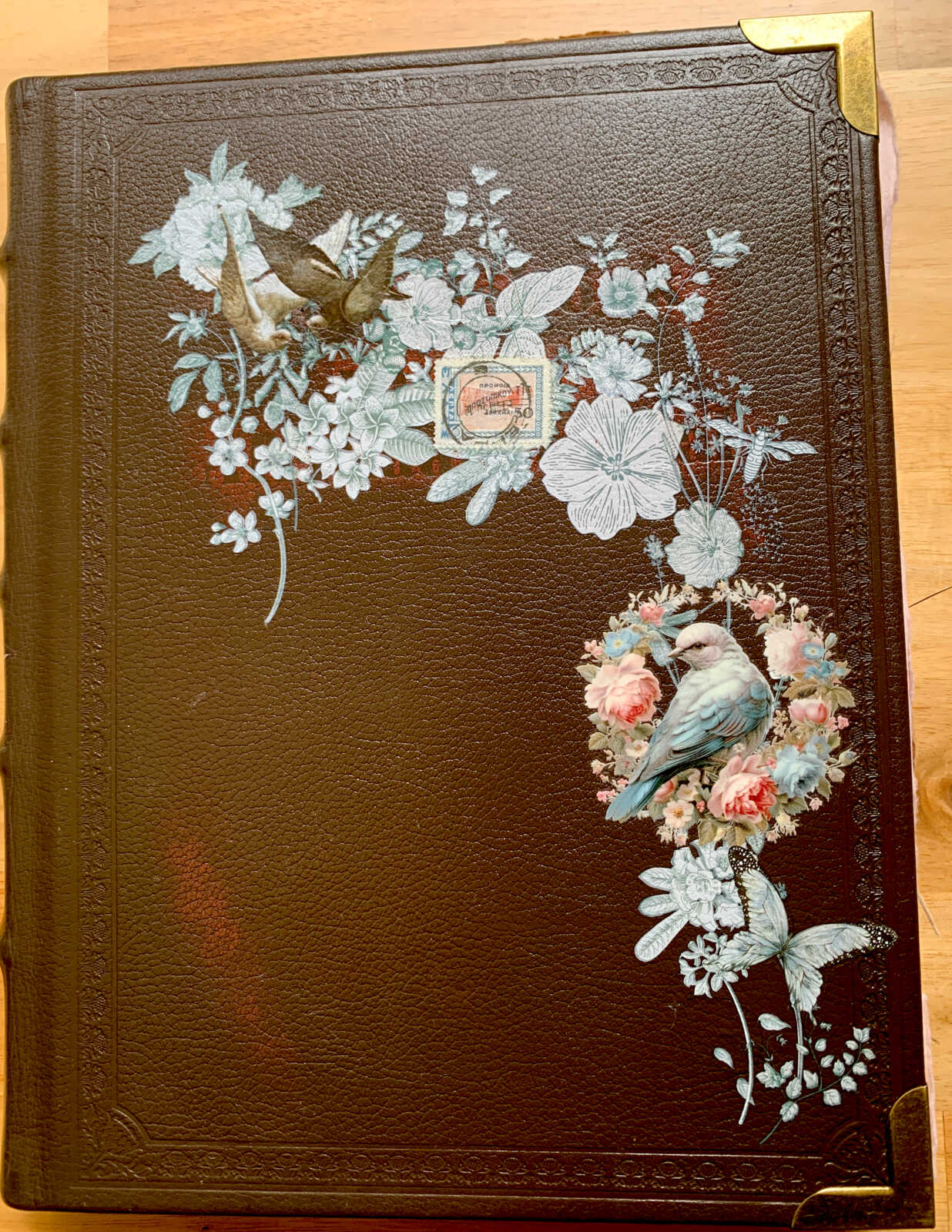Coptic Bound 258 Page Handmade Blue Bird Valentine Junk Journal with Handtorn Paper in Antique Leather Book Cover with Brass Edges - Image 3