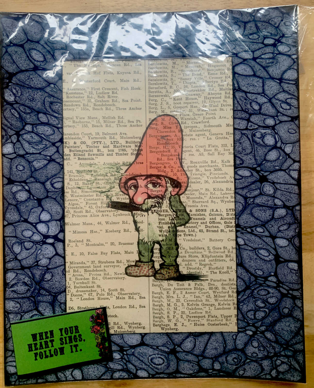 Contemplative Toking Gnome on an Antique Page from the South African Capetown Directory 8 x 10" Folkart #SS316 - Image 8