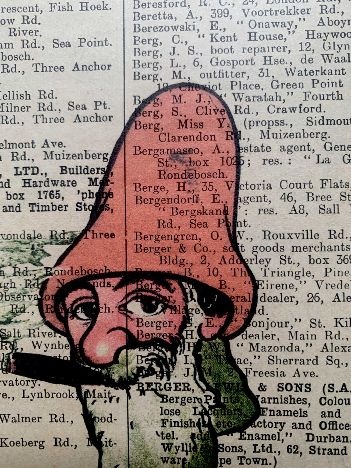 Contemplative Toking Gnome on an Antique Page from the South African Capetown Directory 8 x 10" Folkart #SS316 - Image 3