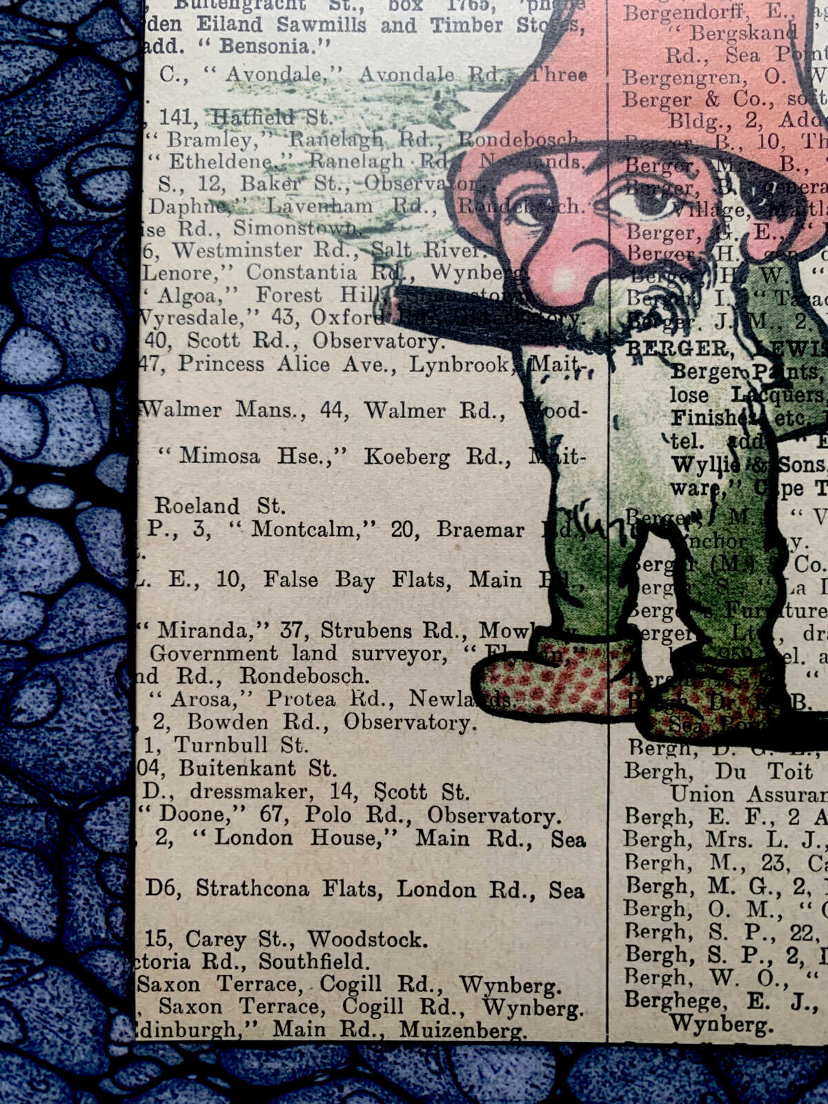 Contemplative Toking Gnome on an Antique Page from the South African Capetown Directory 8 x 10" Folkart #SS316 - Image 5