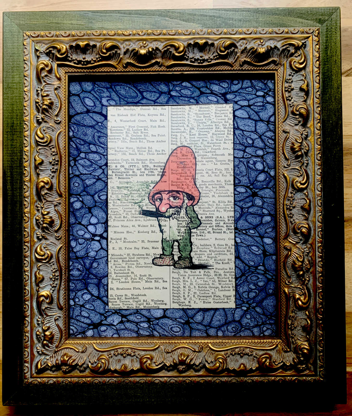 Contemplative Toking Gnome on an Antique Page from the South African Capetown Directory 8 x 10" Folkart #SS316 - Image 6