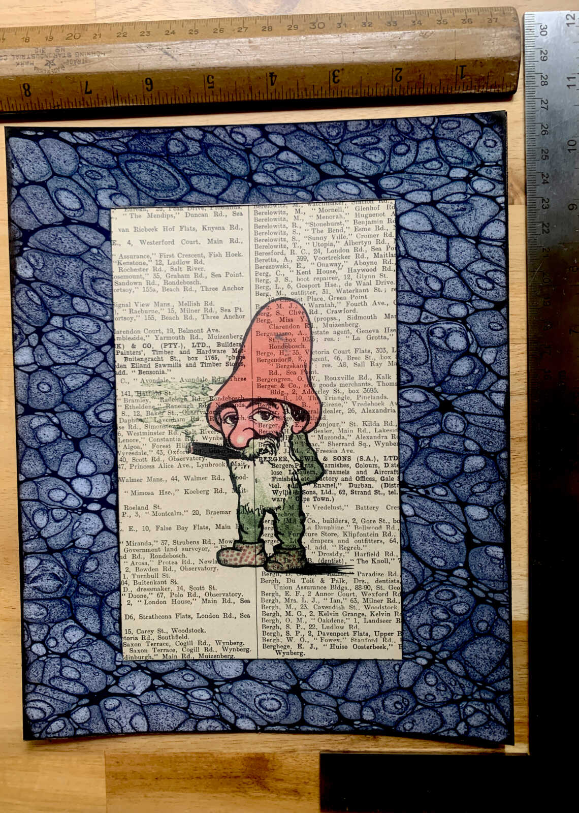Contemplative Toking Gnome on an Antique Page from the South African Capetown Directory 8 x 10" Folkart #SS316 - Image 9