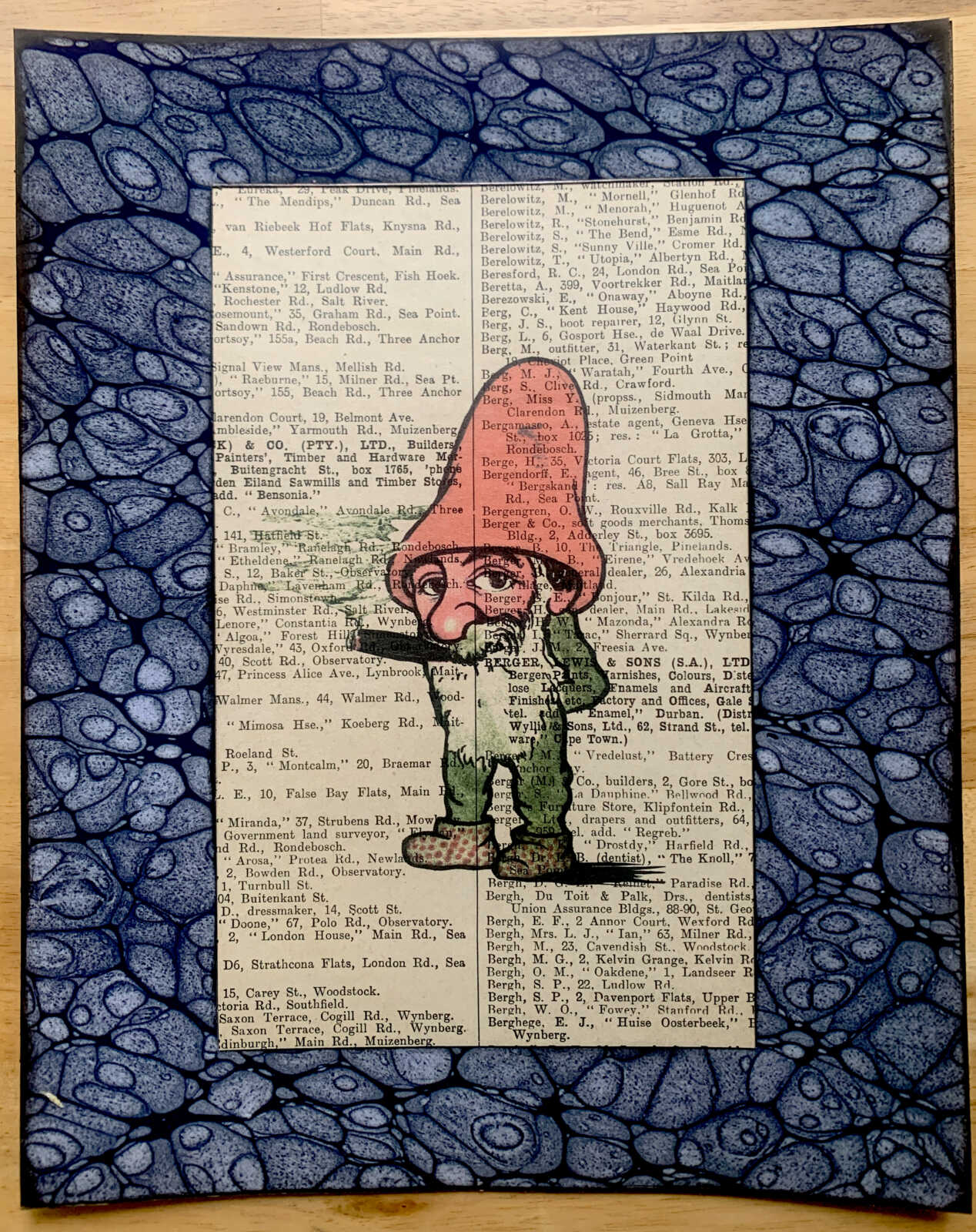 Contemplative Toking Gnome on an Antique Page from the South African Capetown Directory 8 x 10" Folkart #SS316