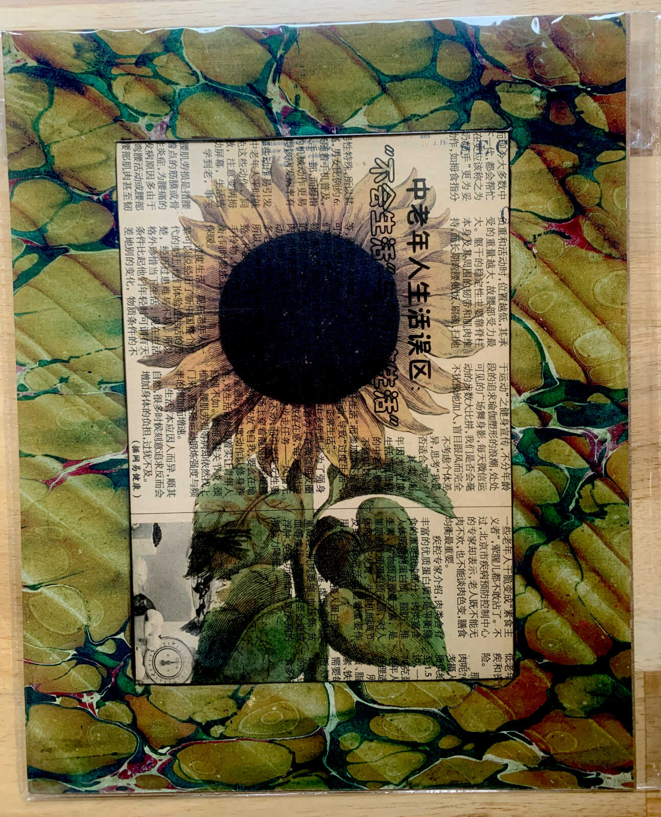 Antique Sunflower on a Yellowed Modern Chinese Newspaper Page 8 x 10" Folkart #SS309 - Image 3