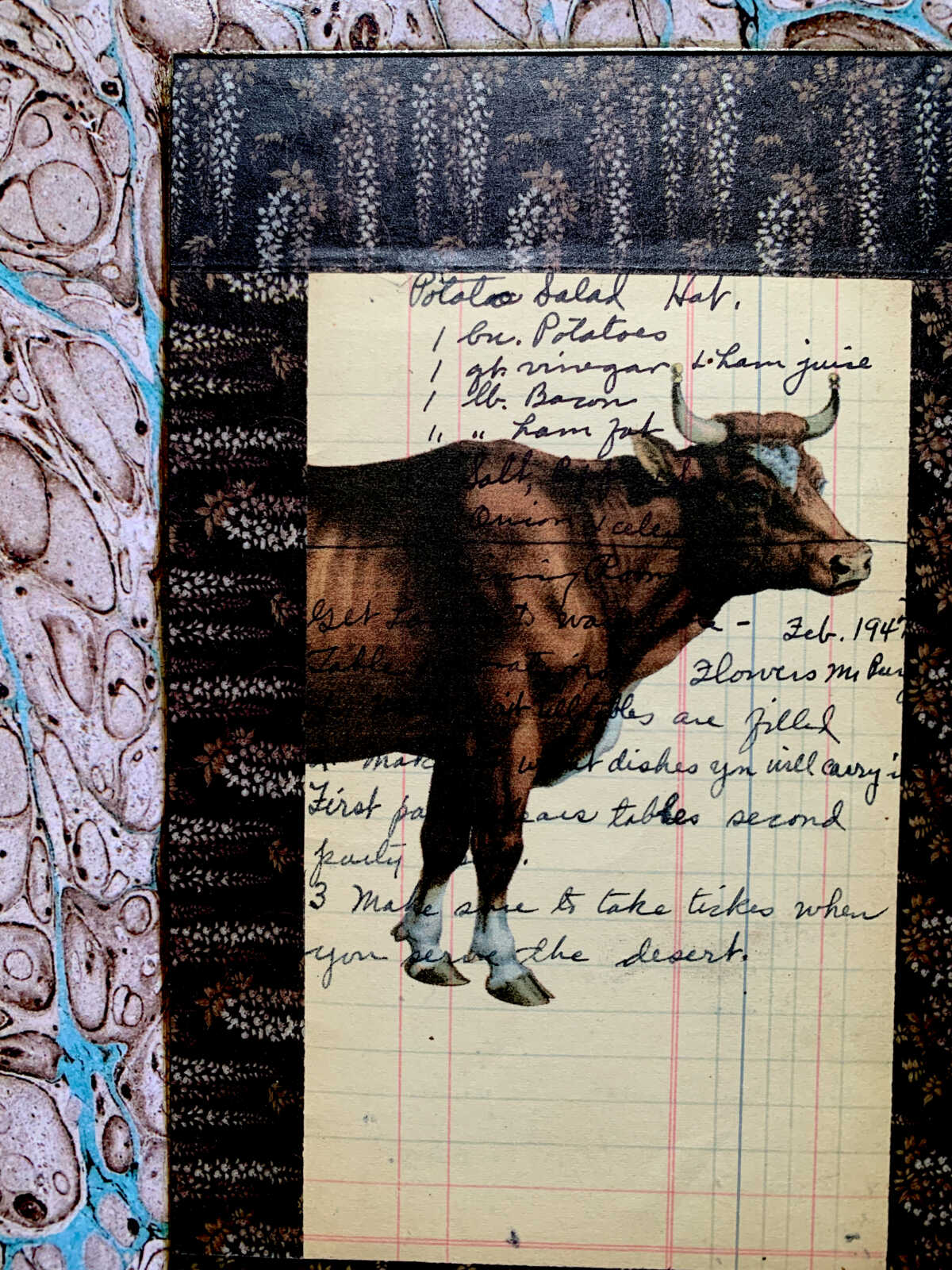 Prize Cow Walking Along on an Antique Handwritten Recipe Page 8 x 10" Folkart #SS325 - Image 10