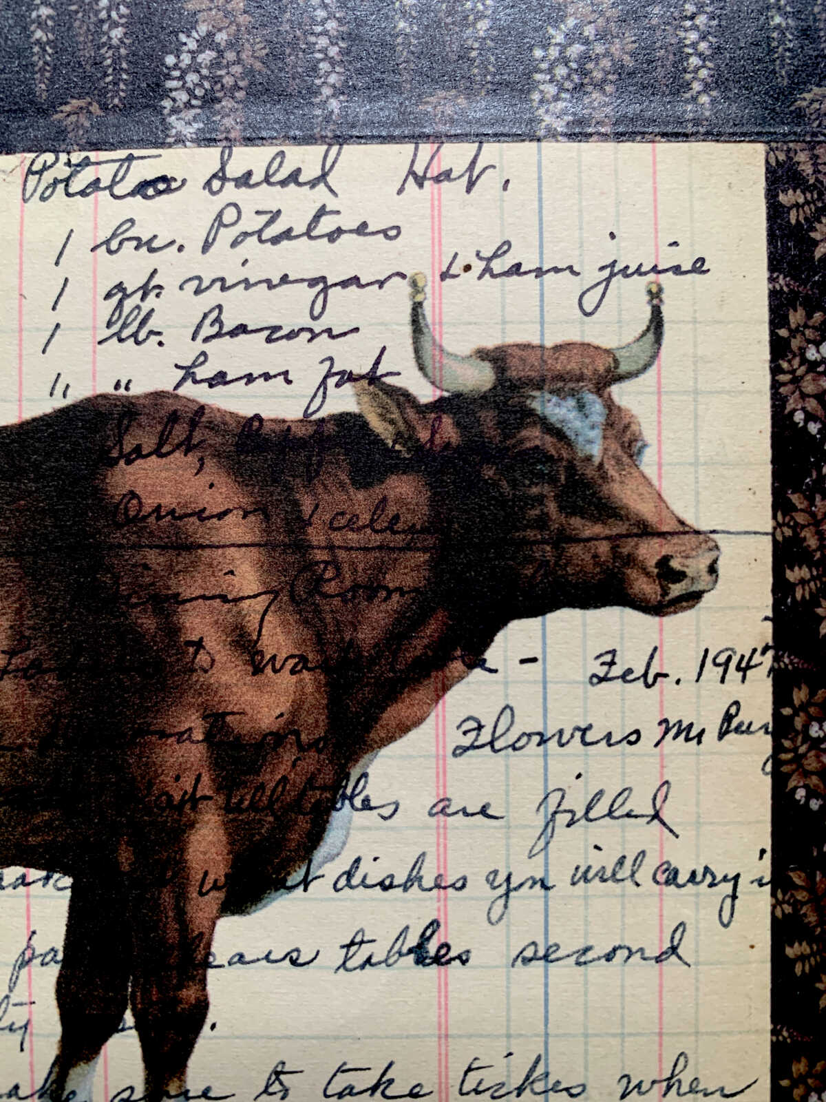 Prize Cow Walking Along on an Antique Handwritten Recipe Page 8 x 10" Folkart #SS325 - Image 6