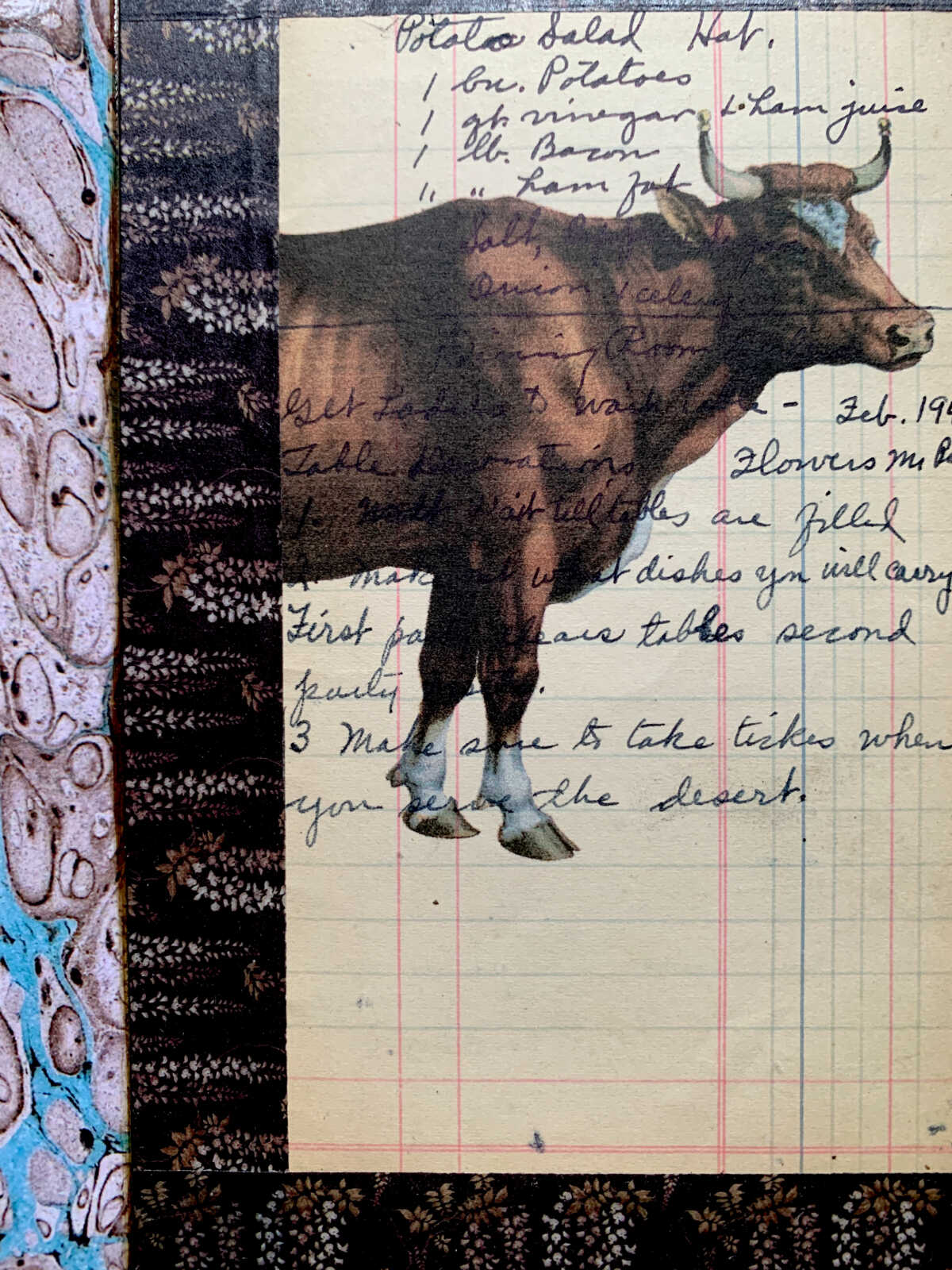 Prize Cow Walking Along on an Antique Handwritten Recipe Page 8 x 10" Folkart #SS325 - Image 5