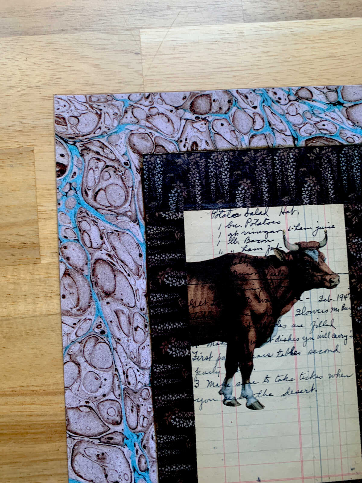 Prize Cow Walking Along on an Antique Handwritten Recipe Page 8 x 10" Folkart #SS325 - Image 2