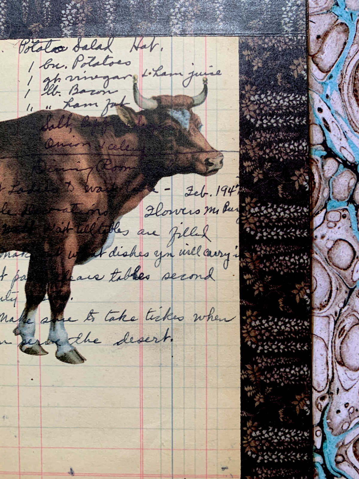 Prize Cow Walking Along on an Antique Handwritten Recipe Page 8 x 10" Folkart #SS325 - Image 7