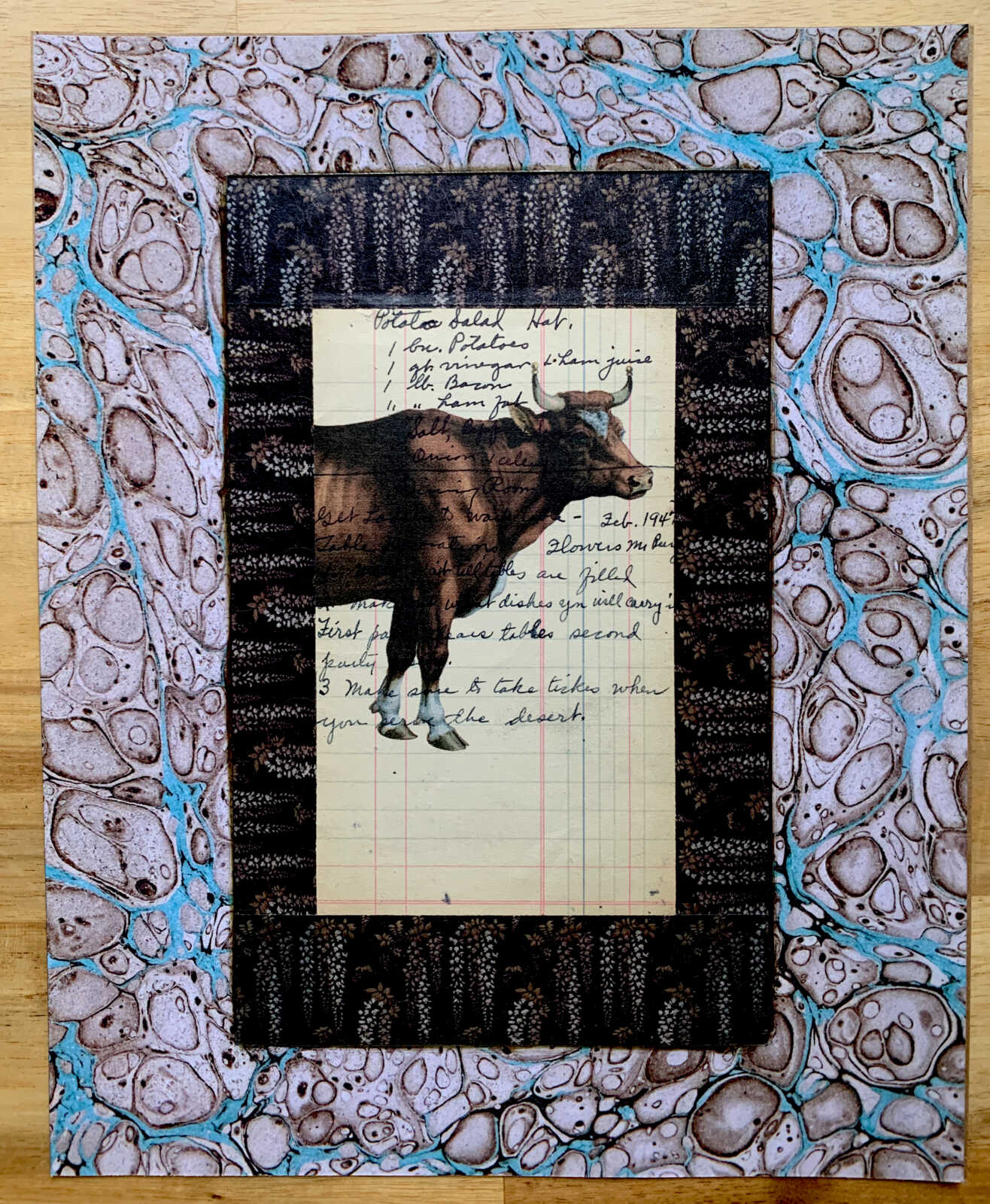 Prize Cow Walking Along on an Antique Handwritten Recipe Page 8 x 10" Folkart #SS325