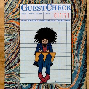 Contented Bohemian Artist Squatting on a Guest Check 5 x 7" Folkart #PS920