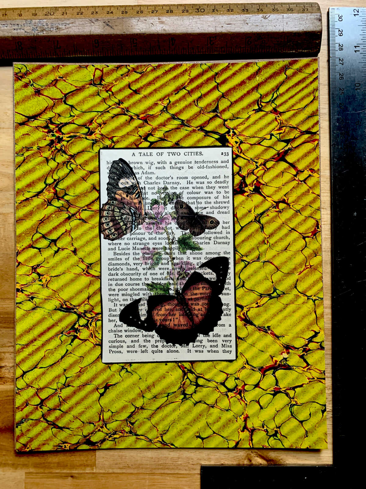 Victorian Butterfly Lithograph on an Antique Tale of Two Cities Dickens Book Page 8 x 10" Folkart #SS339 - Image 2