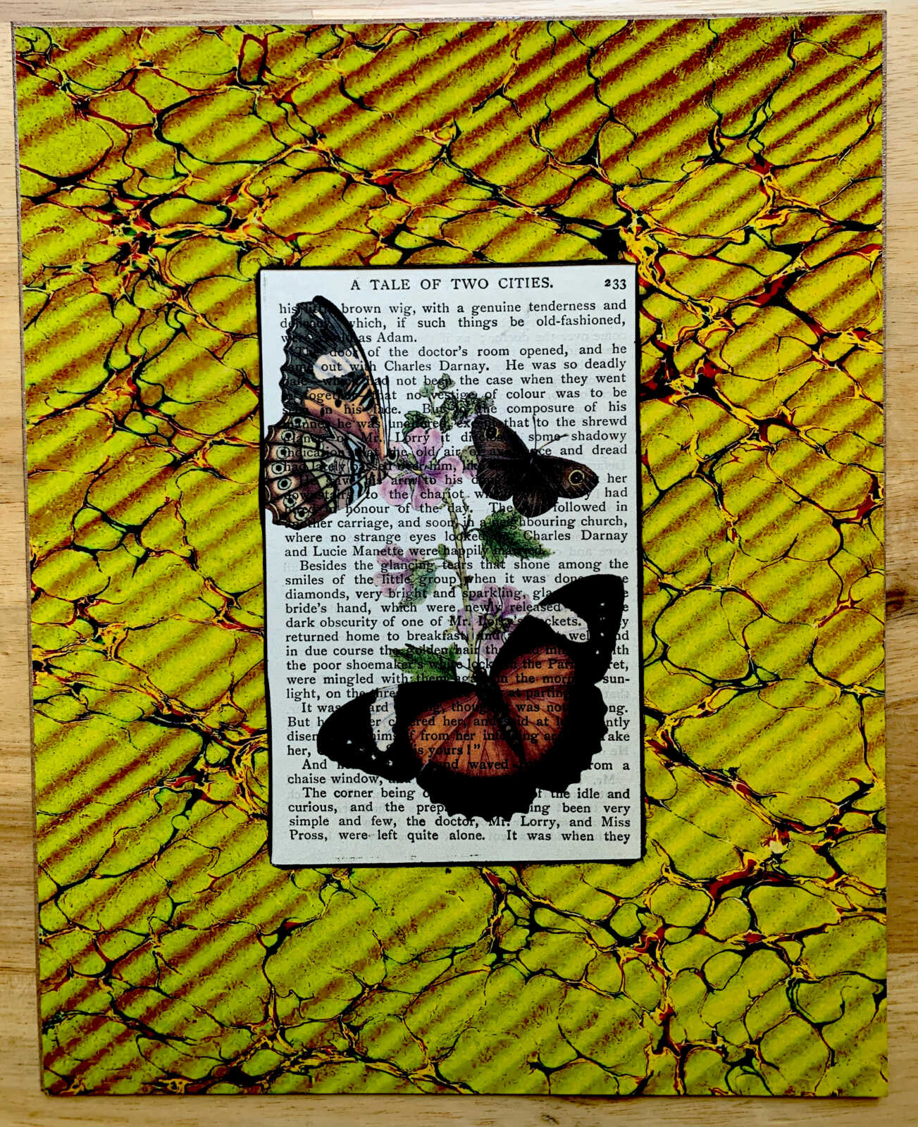Victorian Butterfly Lithograph on an Antique Tale of Two Cities Dickens Book Page 8 x 10" Folkart #SS339