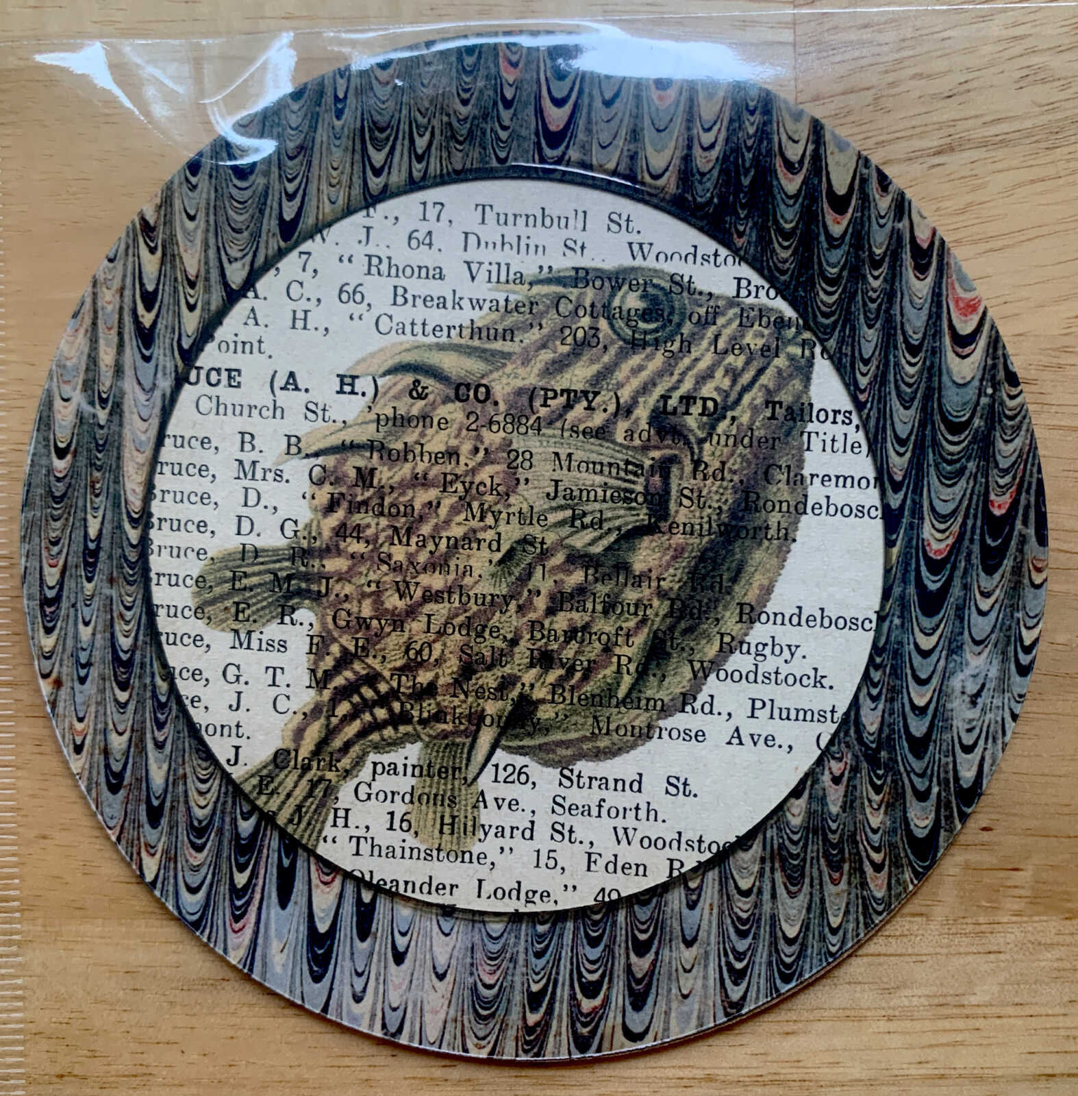 Antique Lithograph of a Striped Fish on an Antique Book Page Round 4 x 4" Folkart #AS708 - Image 2