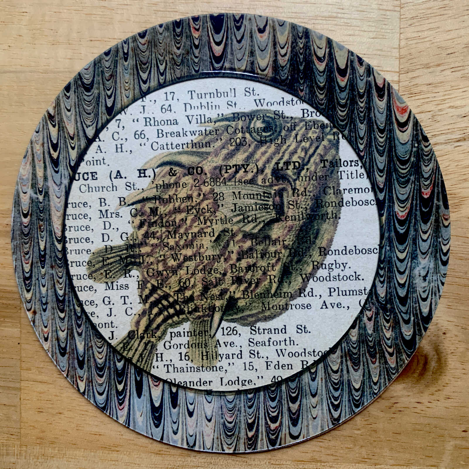 Antique Lithograph of a Striped Fish on an Antique Book Page Round 4 x 4" Folkart #AS708