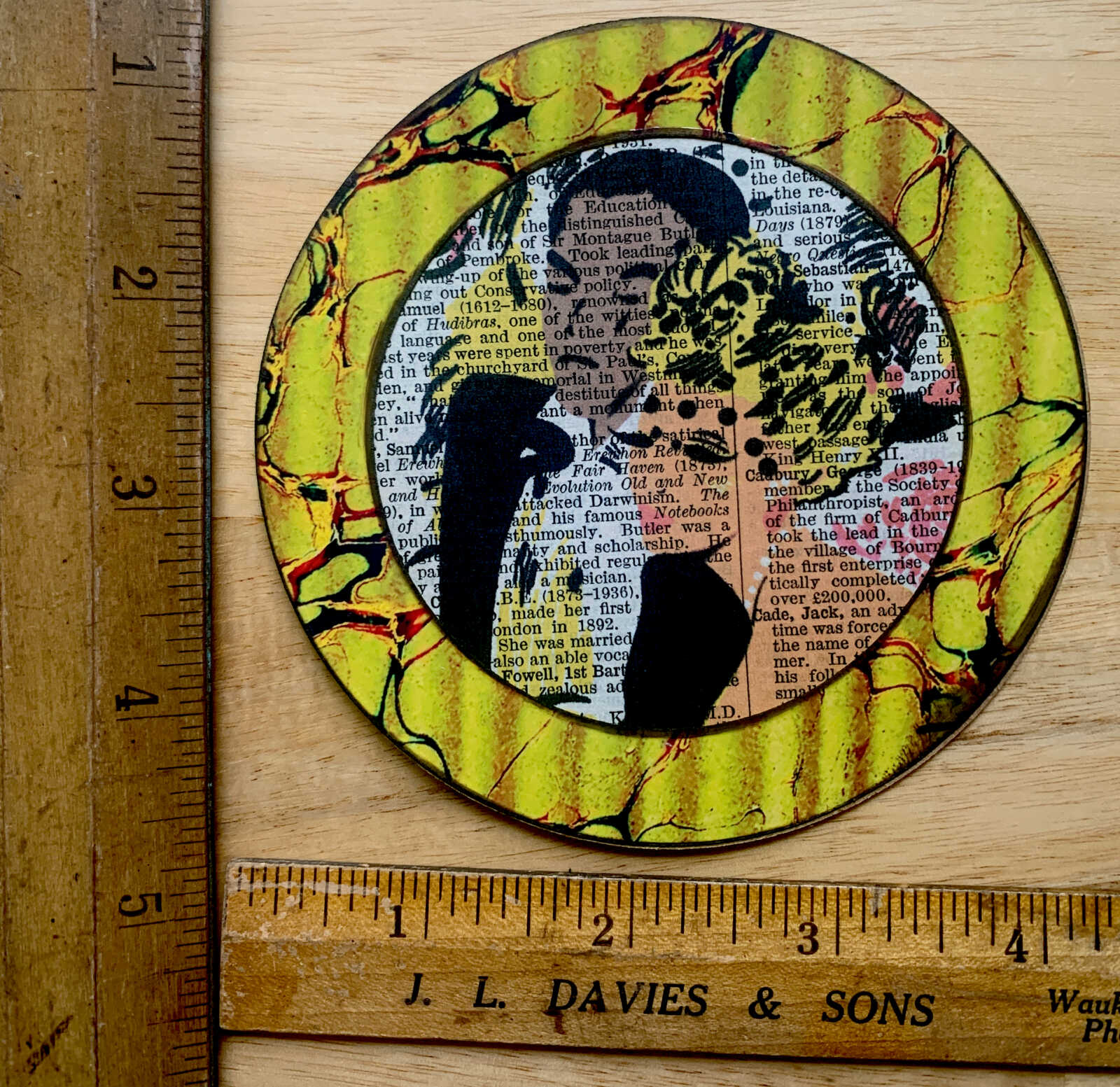 Super Glamorous Black Tie Couple on an Antique Book Page Round 4 x 4" Folkart #AS710 - Image 2