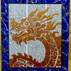 Hand Stenciled Gold Chinese Dragon on an Antique South African Encyclopedia Book Page 8 x 10" Folkart #SS333