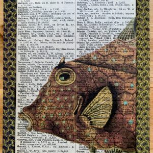 Ancient Orange Polka Dotted Toothy Fish on an Antique Pears Cyclopedia Page 5 x 7" Folkart #PS927