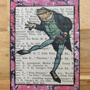 Dancing Suited Frog with Bouquet on Antique Book Page 3 x 5" Folkart #CSL10