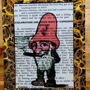 Contemplative Toking Gnome on an Page from an Antique Childs' Lesson Book 5 x7" Folkart #PS907