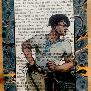 Strapping Handsome Man in Beret Leaning on Artillery on Antique Book Page 4 x 6" Folkart #LT111