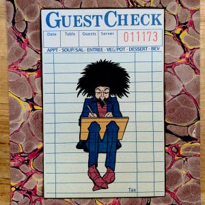 Contented Bohemian Artist Squatting on a Guest Check 5 x 7" Folkart #PS921