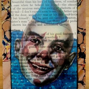 Soft Faced Clown in Aqua Polka Dots on Antique Book Page 4 x 6" Folkart #LT 115
