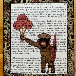Sweet Little Uniformed Monkey Holding Three Love Balloons on an Antique French Book Page 5 x 7" Folkart #PS925