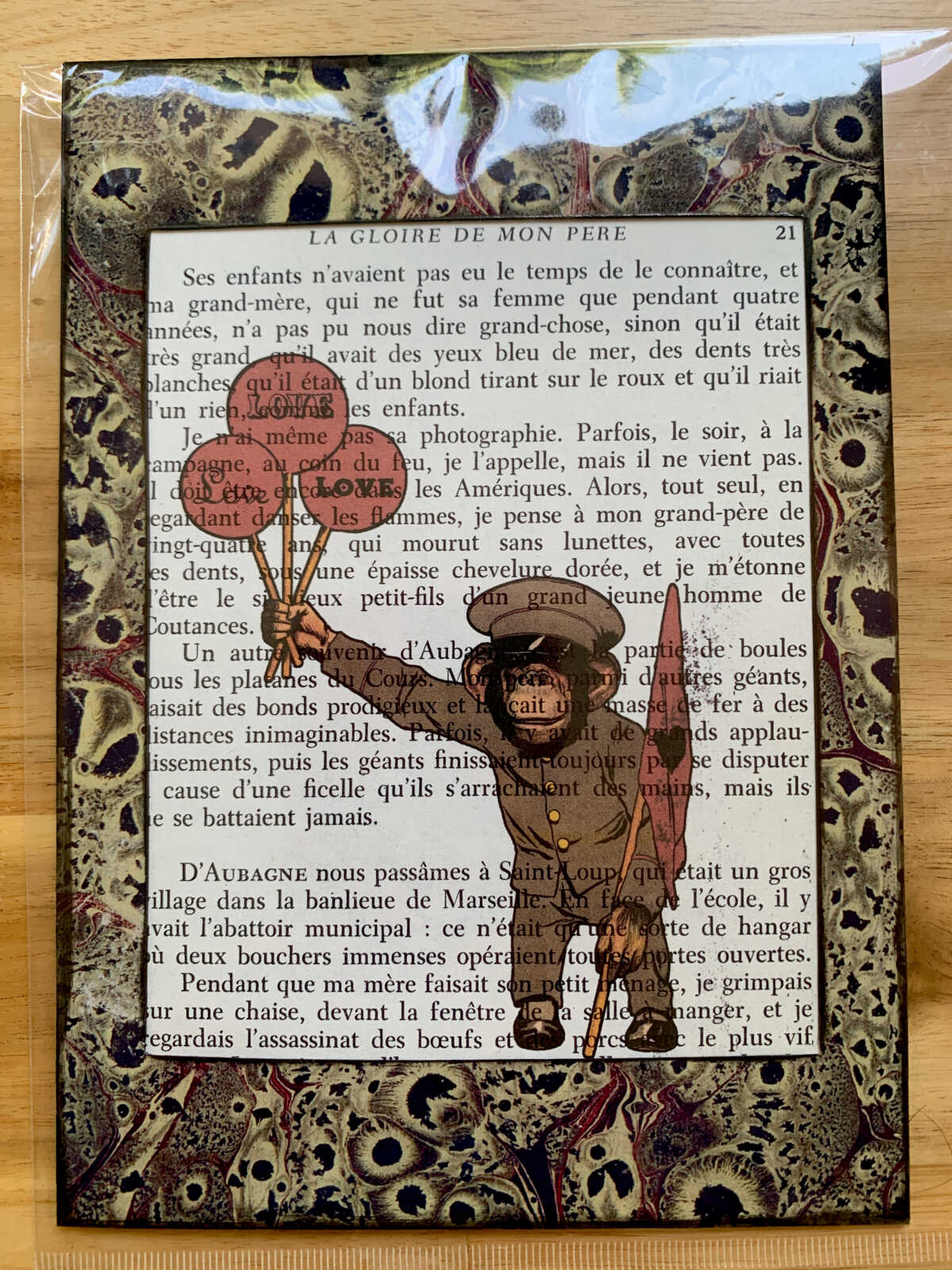 Sweet Little Uniformed Monkey Holding Three Love Balloons on an Antique French Book Page 5 x 7" Folkart #PS925 - Image 6