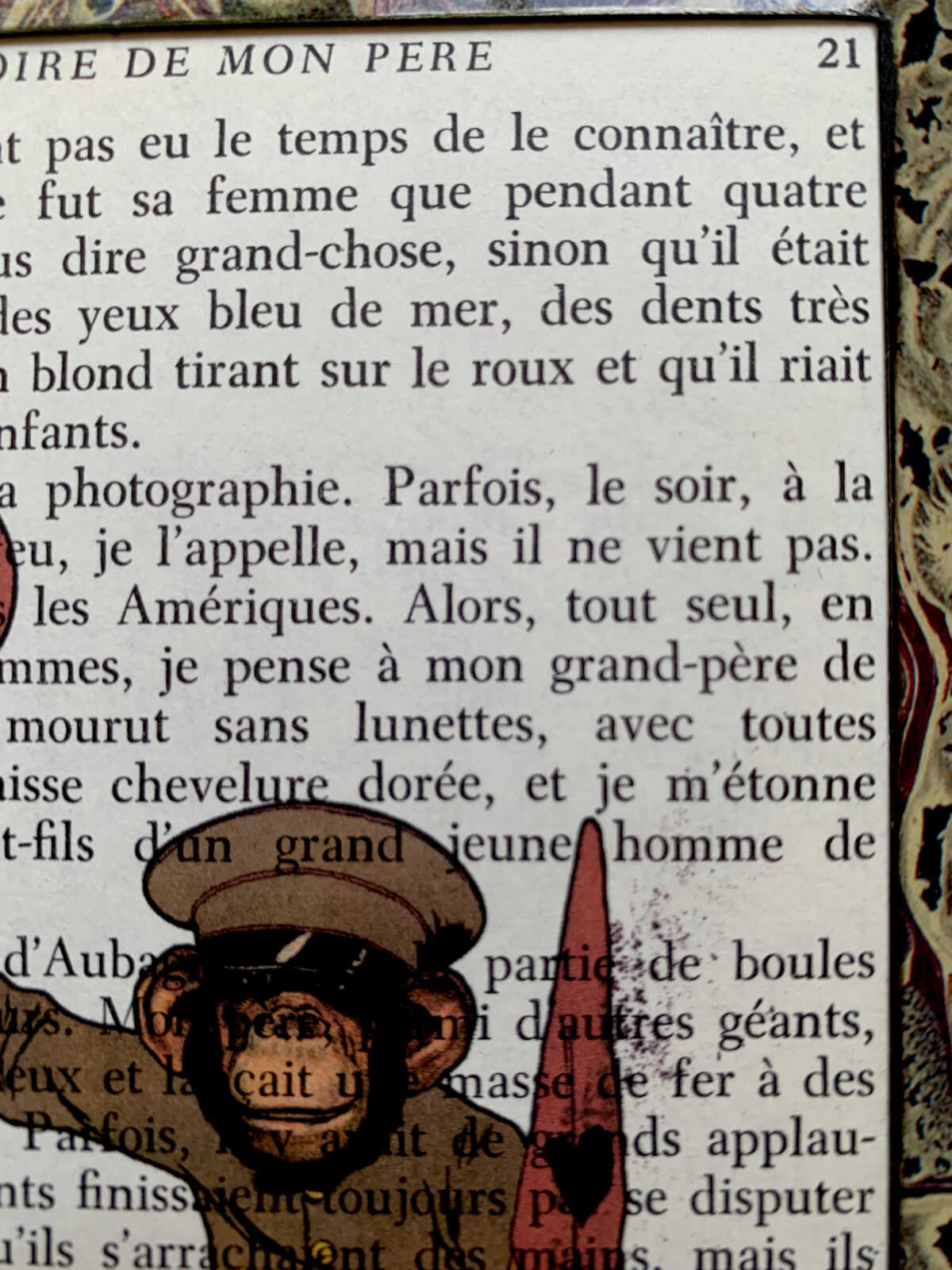 Sweet Little Uniformed Monkey Holding Three Love Balloons on an Antique French Book Page 5 x 7" Folkart #PS925 - Image 7